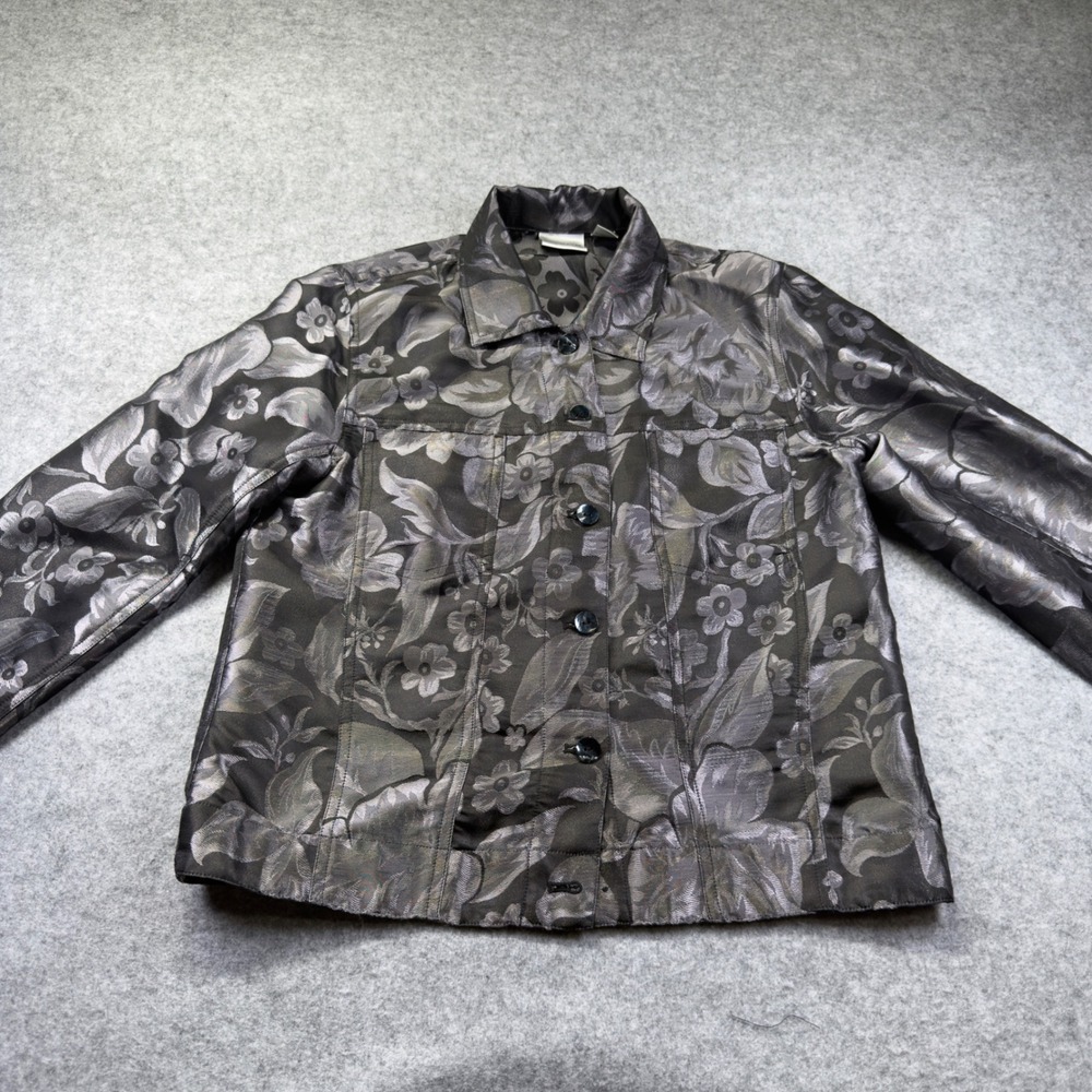 Chico's Jacket Women Size 0 Gray Good Silk Rayon Floral Metallic Button Front